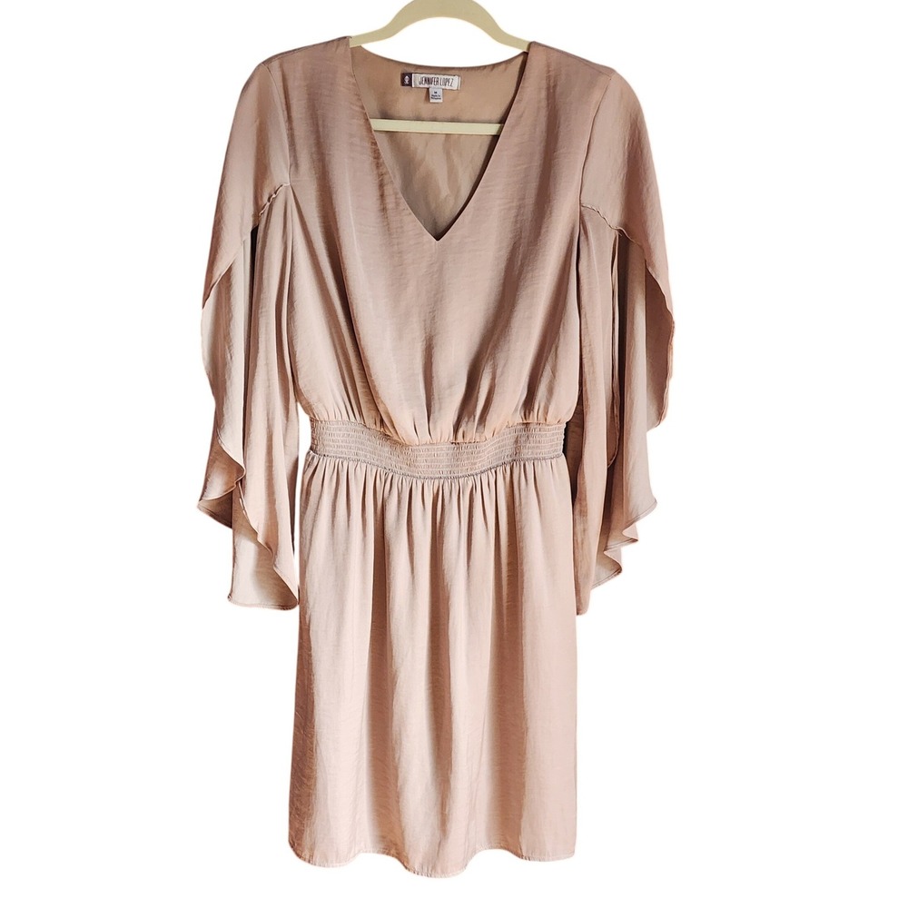 Jennifer Lopez Womens Dress Tan Split Flutter Sleeve Smocked Waist Medium